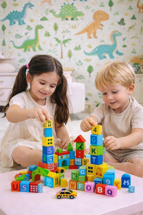 Joc de Construcție din Lemn, Cuburi Colorate cu Tematică Orășel