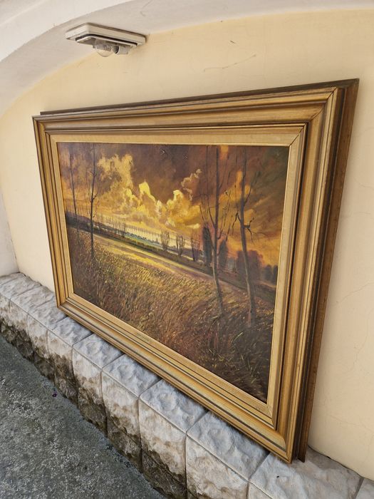 Огромна антикварна авторска картина масло върху платно