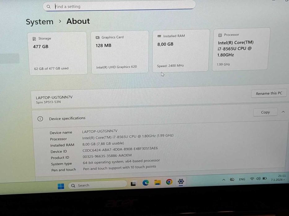 Acer Spin 5 i7-8565U/8RAM/512SSD/Full HD Touchscreen