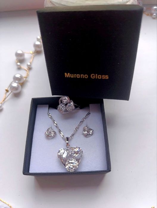 Муранское стекло,Итальянский ювелирный комплект цепочка, серьги, кольц
