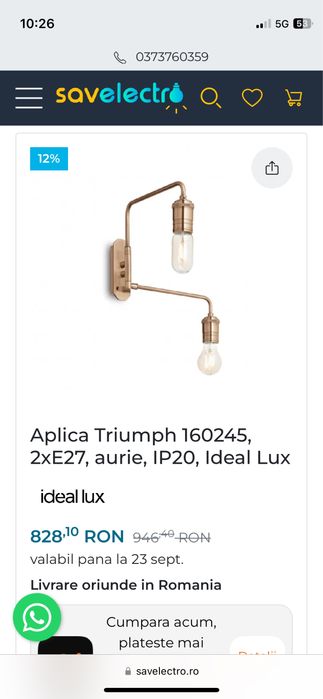 Aplica Ideal lux,aurie,noua,calitate premium