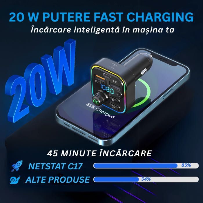 Modulator FM Bricheta NETSTAT® Bluetooth 5.3 QC3.0+PD20W RGB Negru