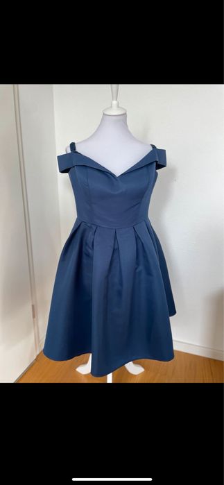 Прекрасна тъмно синя разкроена ретро елегантна рокля L/XL