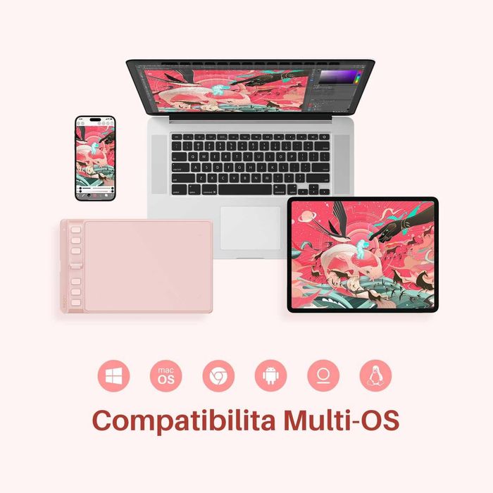 Tabletă grafică HUION Inspiroy 2 S roz | 6 taste programabile + scroller | stylus PW110 fără baterie | 8192 niveluri presiune