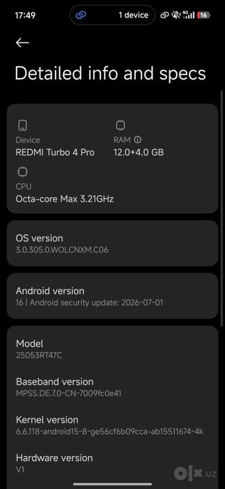 Redmi turbo 4 pro(Poco f7) xitoy versya 12/256