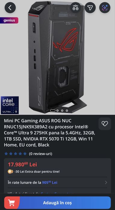 Asus NUC 15 ROG, 2025, U9-275HX/RTX5070Ti 12gb/32ddr5/1TB - sigilat