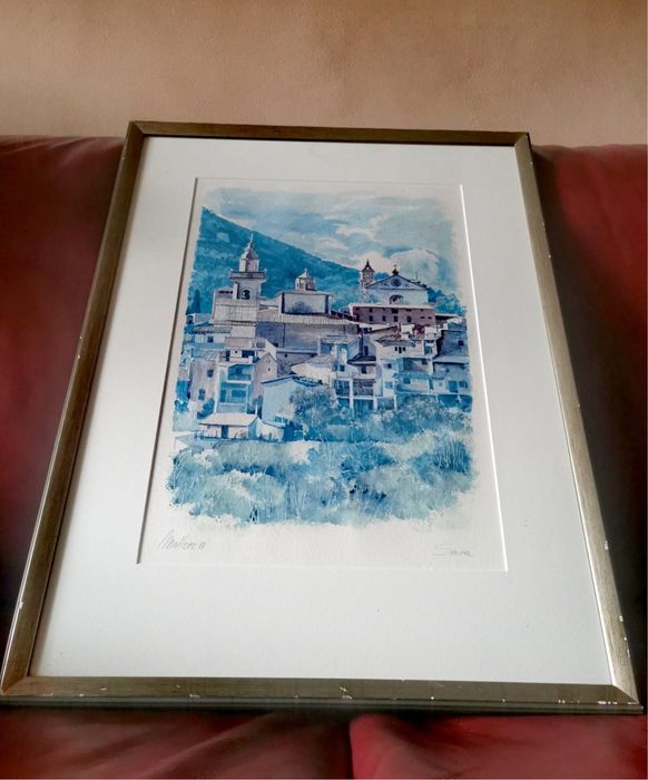 Картина в синьо Маьорка  рамка паспарту стъкло авторска подписана