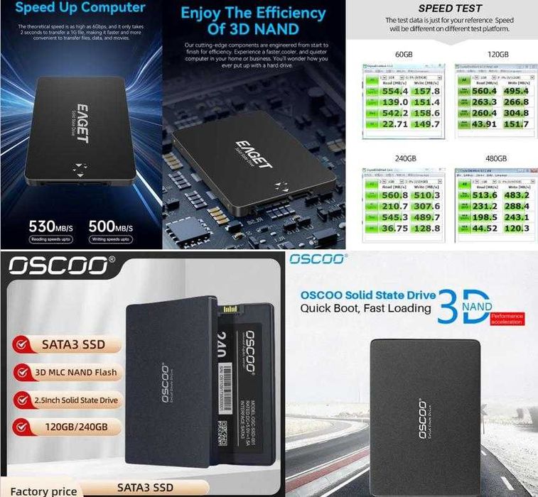 DVR NVR SMART SSD 120GB SATAIII 6Gb/s 2.5" SATA R560 WR500 3D TLC Nand Flash NVME SMI TRIM NCQ Форм фактор 2.5-инчов твърд диск Марка OSCOO или EAGET