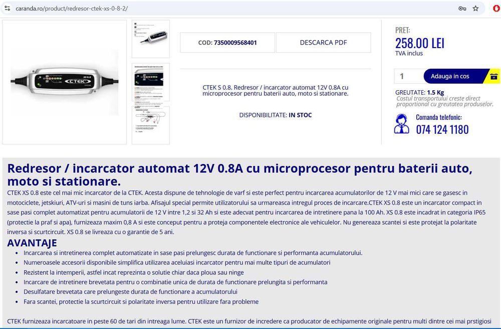 Încărcător inteligent de baterii CTEK XS 800 - moto sau auto