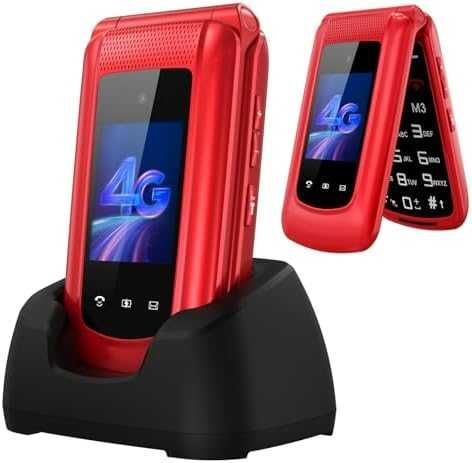 Нов Червен флип 4G телефон за възрастни с големи бутони фенер SOS док станция