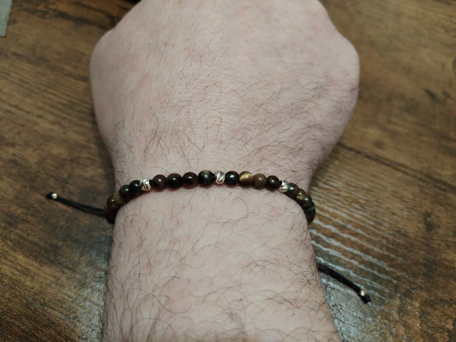 Brățară cu pietre semipretioase ochi de tigru cu bile aur 14 K