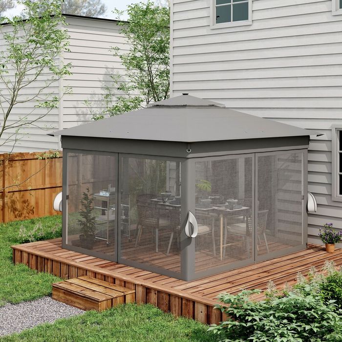 Pavilion pliabil Outsunny aprox. 3 x 3 m, Pavilion cu LED, 4 perdele de plasă,