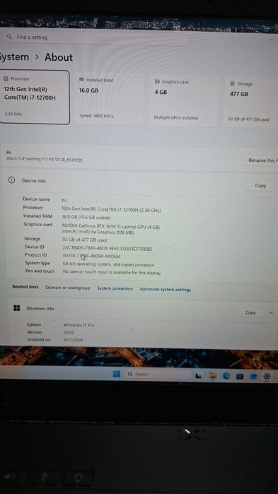 Vand laptop Asus TUF F17 FX707Z