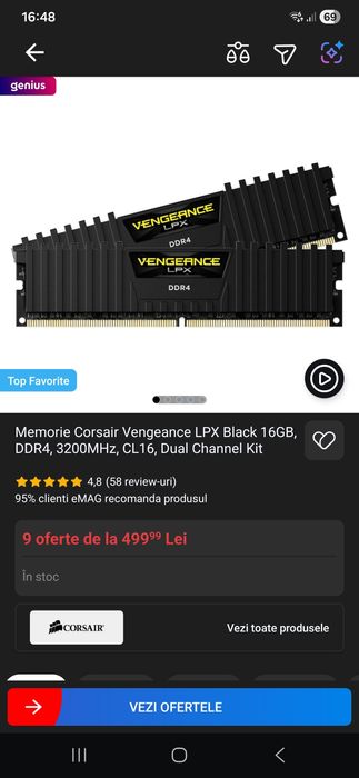 Memorie Corsair Vengeance, DDR4, CL16 3200MHz, CL13 2133MHz