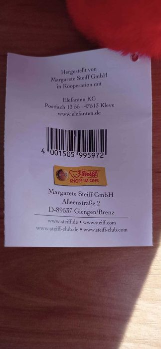 Steiff червен слон, лимитирано рядко издание за колекция