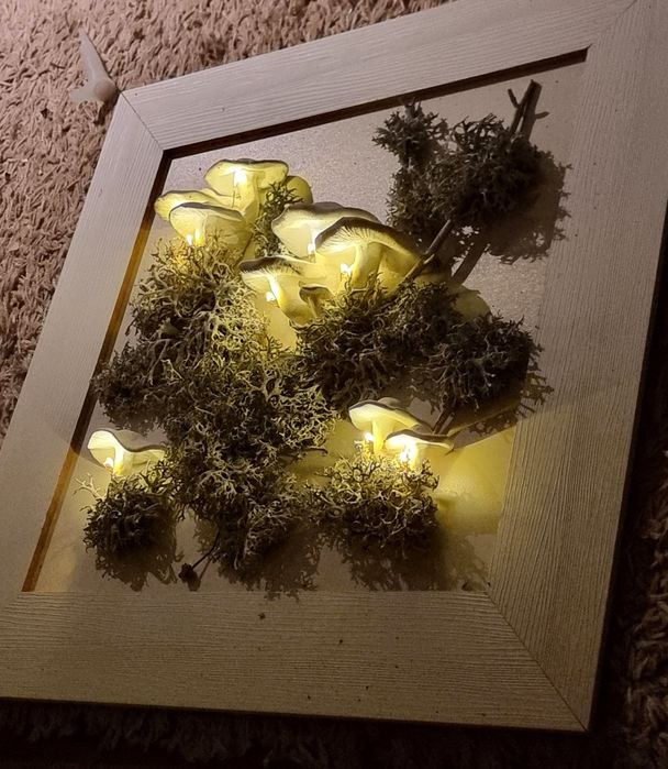 Tablou cu licheni si ciuperci din lut iluminate
