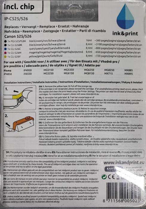 Set 5 cartușe compatibile Canon 525/526 cu cip – Negru + Culori – Sigilat