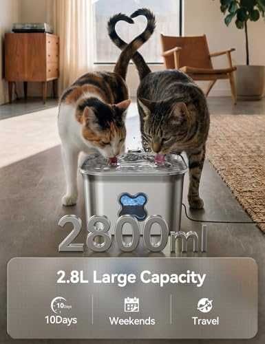 Нов Котешки фонтан 2.8L от неръждаема стомана с тиха помпа за вода котка