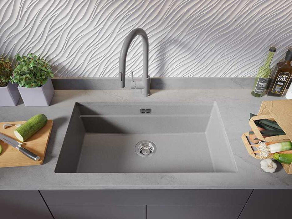 Сива кухненска мивка за вграждане под плот Прага 80 Level 760 x 470 мм