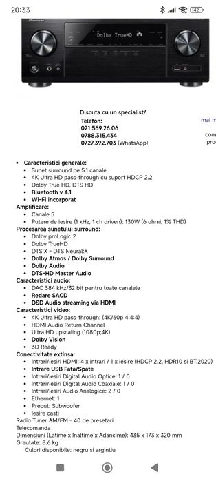 Pioneer VSX-832 – Receiver AV 5.1 Dolby Atmos 4K Wi-Fi & Bluetooth