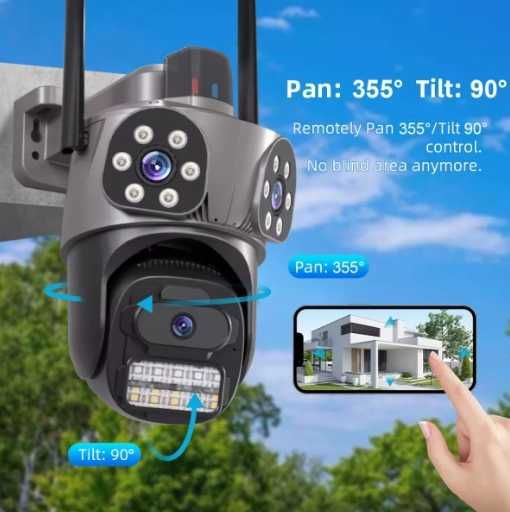 Тройна външна въртяща WiFi AI камера 12MP с три обектива, ICSee, Черна