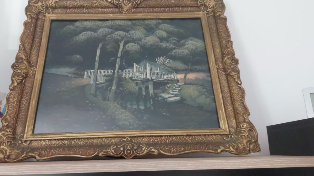 Tablou  Podul peste lac – pictură vintage pe catifea (anii 1950)