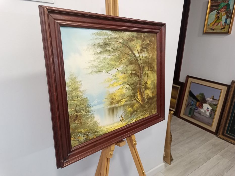 „Спокойствие край езерото“ – Авторска маслена живопис в масивна рамка