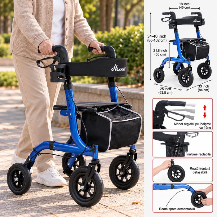 Henmnii Rollator pliabil cu 4 roți, scaun și geantă