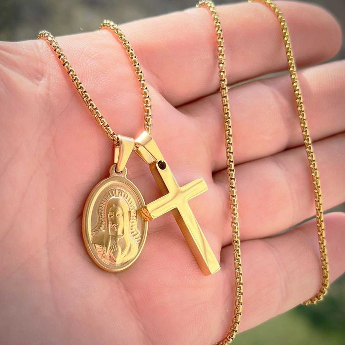 Мъжка Стоманена Верижка с Кръст и Богородица