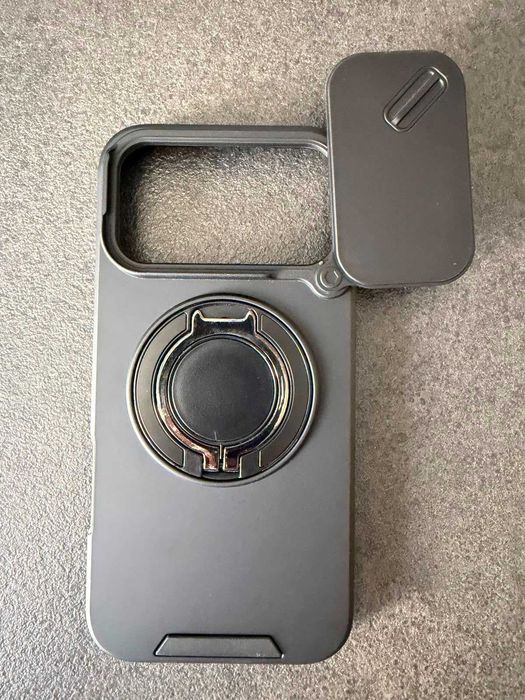 Husă iPhone 17 Pro Max neagră antișoc, inel metalic rotativ 360, suport