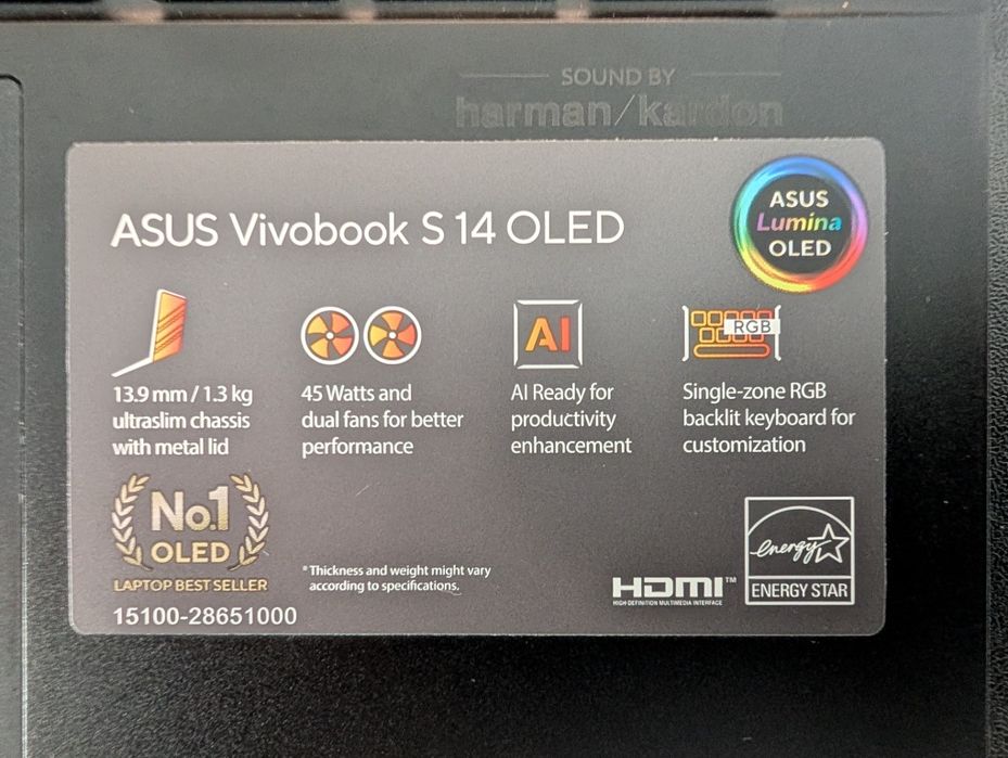 Laptop ASUS Vivobook S14 OLED ALUMINIU ÎN GARANȚIE Intel Core Ultra 5 125H 4.5GHz 14.0'' OLED 16GB LPDDR5X 512GB SSD Intel Arc Windows 11 PRO zenbook