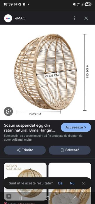 Fotoliu suspendat din ratan cu perna