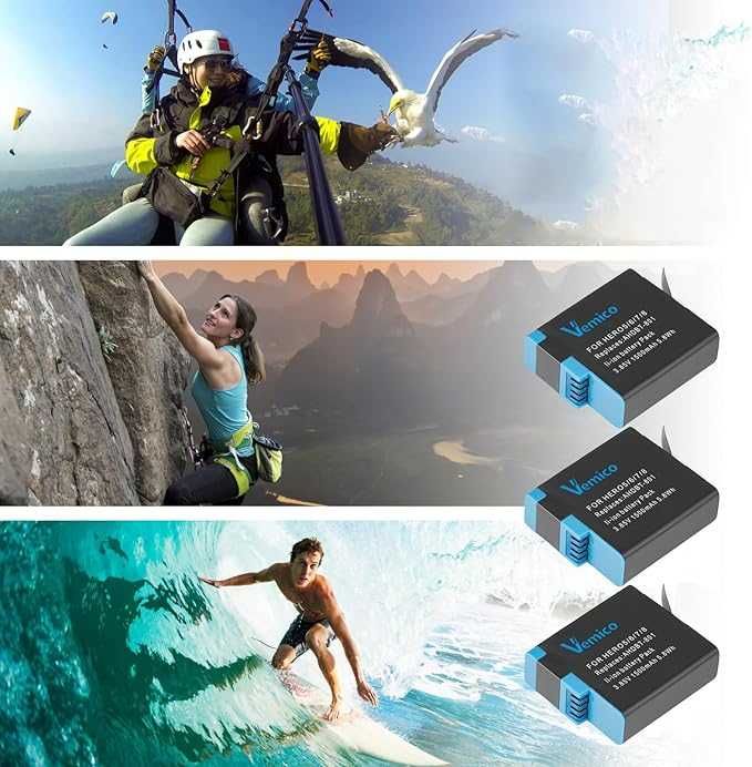 Комплект зарядни устройства Vemico Hero 8 и  3 броя батерии, 1500 mAh