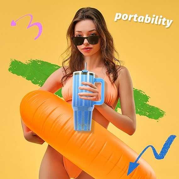 Чаша със сламка и капак, неръждаема стомана с двойна стена, 891мл