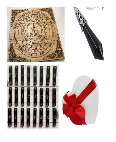 Pendul radiestezie-plansa lemn +Set 7 chakre din cristale