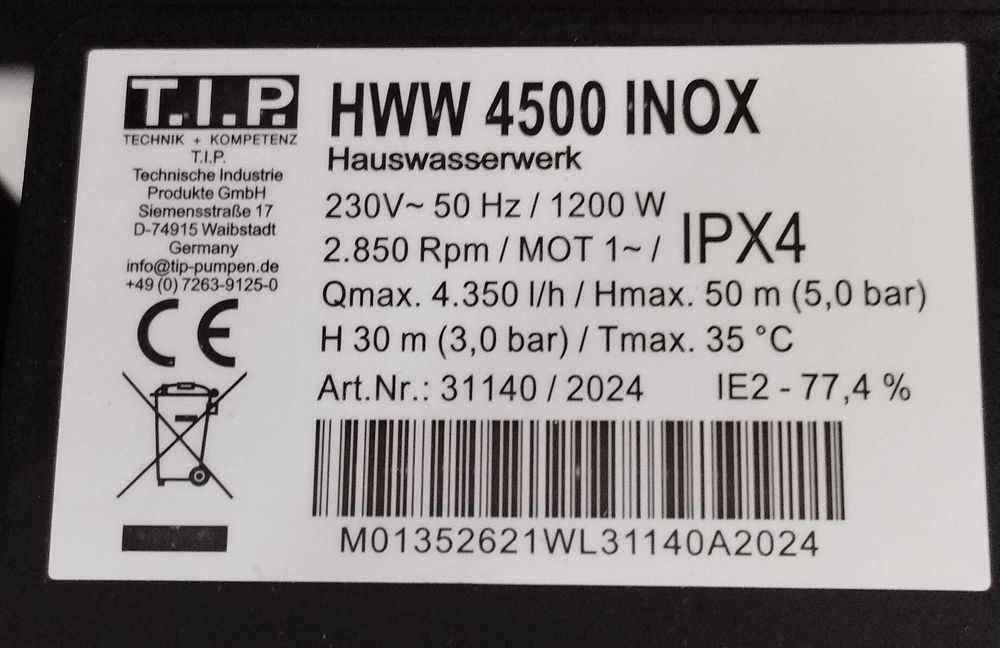 T.I.P. HWW 4500 Hidrofor 1200 W, 230 V,debit 4350 l/h , Inox