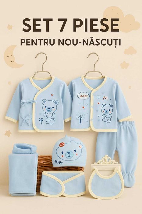 Haine nou-nascuti, 0-3 luni, set 7 piese cu ursulet, albastru/galben