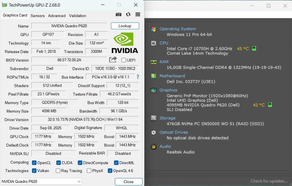 Laptop Dell i7 10750h 2,6Ghz/5Ghz,16GB, 500GB, Nvidia P620 4GB, Win11