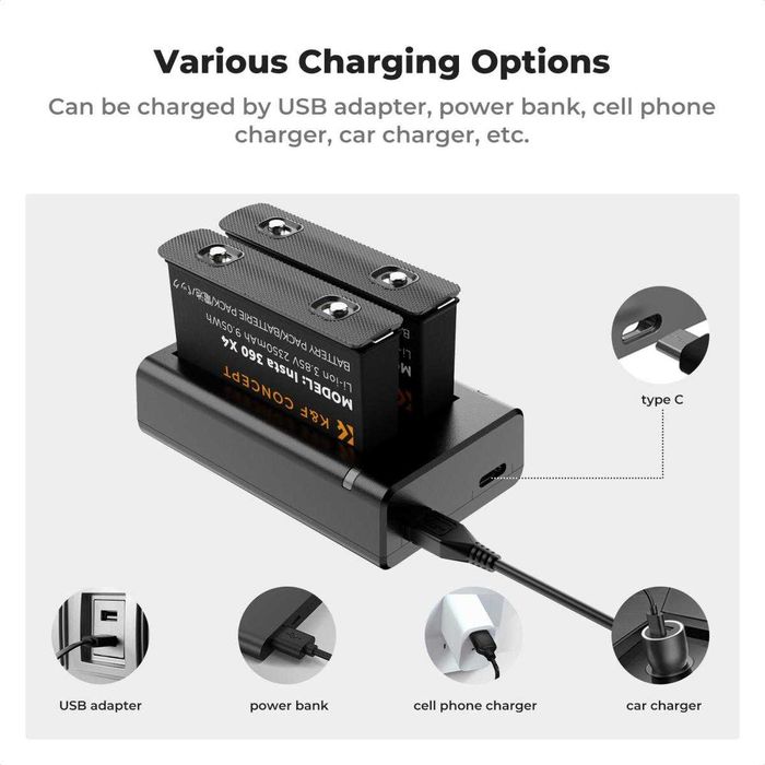 Комплект 2 батерии за Insta 360 X4 + зарядно K&F Concept