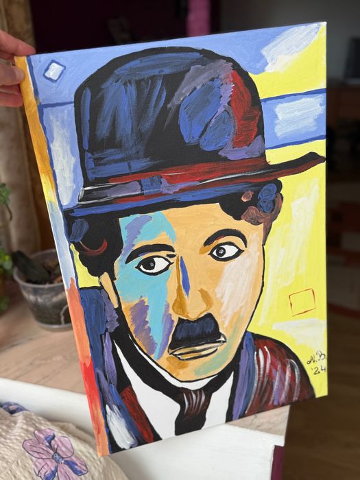 Tablou modern Charlie Chaplin pictat manual – acrilic pe panza