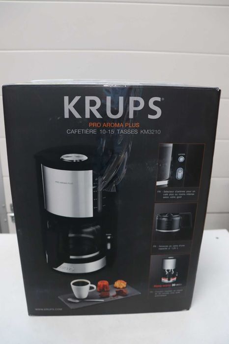 Кафемашина Krups KM321 Proaroma Plus Glass, 10 чаши, 1100 W, модерен дизайн, черна с апликация от неръждаема стомана [Енергиен клас B]