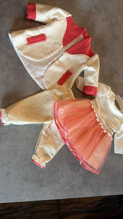 Set elegant botez fetiță (rochie + pantaloni + paltonaș)