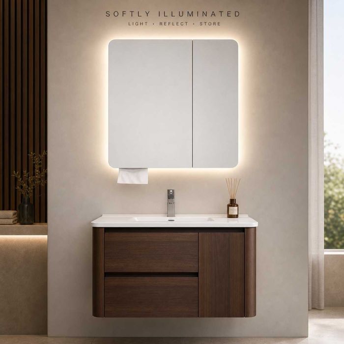 Луксозен шкаф за баня от водоустойчиво инженерно дърво 2801 (Walnut Balance) със заоблен дизайн и смарт огледало