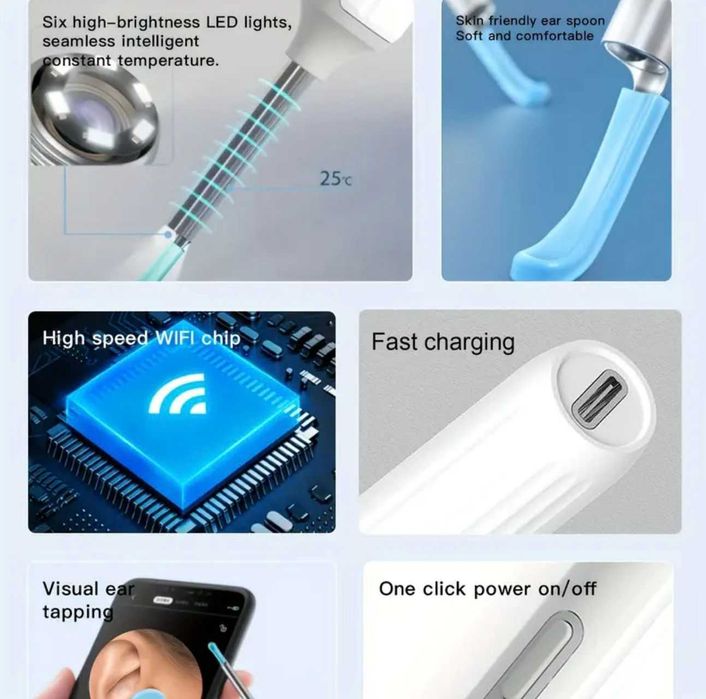 Curățător cerumen urechi, pentru iOS și Android, Calitate HD 1080P.