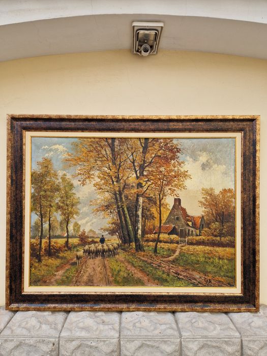 Уникална голяма антикварна белгийска картина масло върху платно