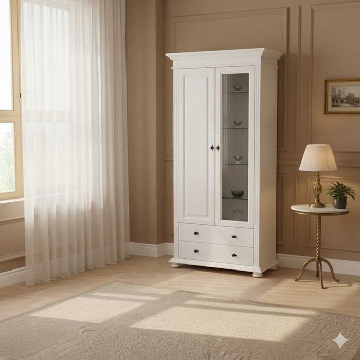 Vitrina lemn masiv Mona, 2 usi + 2 sertare, alb