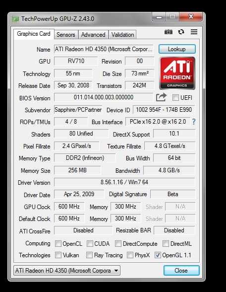Видеокарта Sapphire HD 4350, с HDMI + DVI + VGA