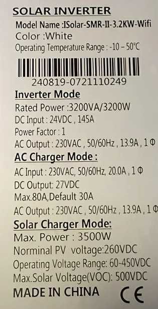 Invertor SMR II 3.2KW 24V Off Grid + Wifi Inclus, comunicare BMS
