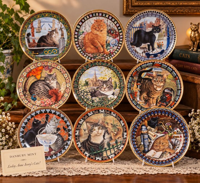 Голяма колекция от 9 бр. порцеланови чинии с котки – Danbury Mint (Англия)