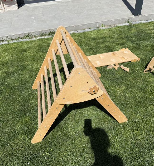 Set de catarare mare 3 in 1, Triunghi Pikler cu Rampa si Arc Escaladare, 2-7 ani, lemn